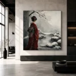 Crimson & Silver Winter Zen Garden Japanese Geisha Art Canvas Print - Image 3