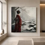 Crimson & Silver Winter Zen Garden Japanese Geisha Art Canvas Print - Image 4
