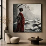 Crimson & Silver Winter Zen Garden Japanese Geisha Art Canvas Print - Image 5