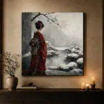 Crimson & Silver Winter Zen Garden Japanese Geisha Art Canvas Print - Image 6