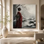 Crimson & Silver Winter Zen Garden Japanese Geisha Art Canvas Print - Image 8