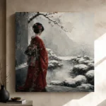 Crimson & Silver Winter Zen Garden Japanese Geisha Art Canvas Print - Image 9