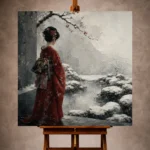 Crimson & Silver Winter Zen Garden Japanese Geisha Art Canvas Print - Image 10