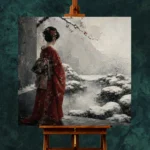 Crimson & Silver Winter Zen Garden Japanese Geisha Art Canvas Print - Image 11