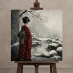 Crimson & Silver Winter Zen Garden Japanese Geisha Art Canvas Print displayed on a studio easel