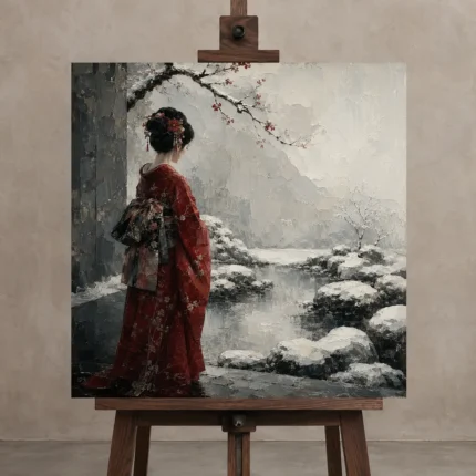Crimson & Silver Winter Zen Garden Japanese Geisha Art Canvas Print shown in Studio Easel