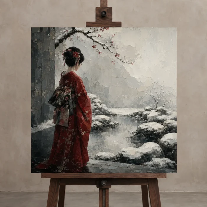 Crimson & Silver Winter Zen Garden Japanese Geisha Art Canvas Print displayed on a studio easel