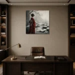 Crimson & Silver Winter Zen Garden Japanese Geisha Art Canvas Print displayed in a contemporary gallery-inspired room