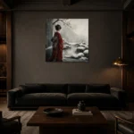 Crimson & Silver Winter Zen Garden Japanese Geisha Art Canvas Print shown in a warm modern interior