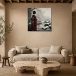 Crimson & Silver Winter Zen Garden Japanese Geisha Art Canvas Print presented in a sophisticated home setting