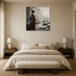 Crimson & Silver Winter Zen Garden Japanese Geisha Art Canvas Print showcased in an elegant minimalist interior