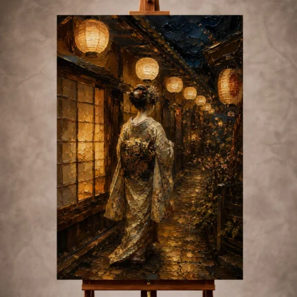 Warm amber and midnight blue poetic evening Japanese Geisha Art print for elegant interiors. No text or watermarks in design.