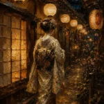 Amber & Midnight Blue Lantern Japanese Geisha Art Canvas Print
