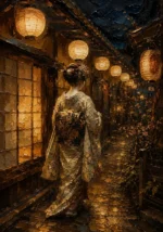 Amber & Midnight Blue Lantern Japanese Geisha Art Canvas Print