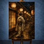 Amber & Midnight Blue Lantern Japanese Geisha Art Canvas Print - Image 2