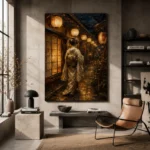 Amber & Midnight Blue Lantern Japanese Geisha Art Canvas Print - Image 3