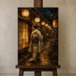 Amber & Midnight Blue Lantern Japanese Geisha Art Canvas Print displayed on a studio easel