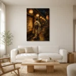 Amber & Midnight Blue Lantern Japanese Geisha Art Canvas Print styled in a refined neutral interior
