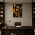 Amber & Midnight Blue Lantern Japanese Geisha Art Canvas Print displayed in a contemporary gallery-inspired room