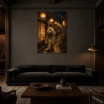 Amber & Midnight Blue Lantern Japanese Geisha Art Canvas Print shown in a warm modern interior