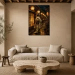 Amber & Midnight Blue Lantern Japanese Geisha Art Canvas Print presented in a sophisticated home setting