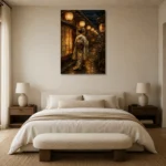 Amber & Midnight Blue Lantern Japanese Geisha Art Canvas Print showcased in an elegant minimalist interior