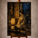 Amber and deep blue contemplative Japanese Geisha Art print for elegant interiors. No text or watermarks in design.