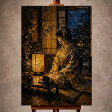 Amber and deep blue contemplative Japanese Geisha Art print for elegant interiors. No text or watermarks in design.