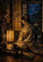 Amber & Deep Blue Lantern Japanese Geisha Art Canvas Print