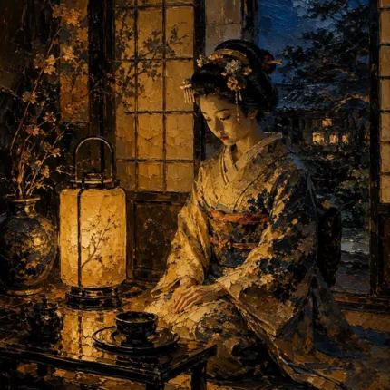 Amber & Deep Blue Lantern Japanese Geisha Art Canvas Print