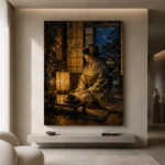 Amber & Deep Blue Lantern Japanese Geisha Art Canvas Print - Image 4