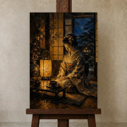 Amber & Deep Blue Lantern Japanese Geisha Art Canvas Print shown in Studio Easel