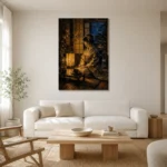 Amber & Deep Blue Lantern Japanese Geisha Art Canvas Print styled in a refined neutral interior