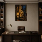Amber & Deep Blue Lantern Japanese Geisha Art Canvas Print displayed in a contemporary gallery-inspired room