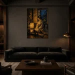 Amber & Deep Blue Lantern Japanese Geisha Art Canvas Print shown in a warm modern interior