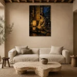 Amber & Deep Blue Lantern Japanese Geisha Art Canvas Print presented in a sophisticated home setting