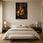 Amber & Deep Blue Lantern Japanese Geisha Art Canvas Print showcased in an elegant minimalist interior