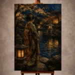 Amber and deep blue poetic Japanese Geisha Art print for elegant interiors. No text or watermarks in design.
