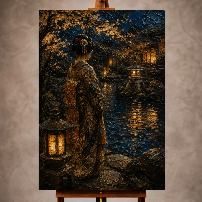 Amber and deep blue poetic Japanese Geisha Art print for elegant interiors. No text or watermarks in design.
