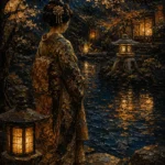 Amber & Deep Blue Pond Lantern Japanese Geisha Art Canvas Print
