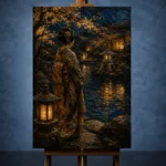 Amber & Deep Blue Pond Lantern Japanese Geisha Art Canvas Print - Image 2