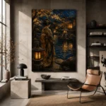 Amber & Deep Blue Pond Lantern Japanese Geisha Art Canvas Print - Image 3