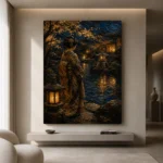 Amber & Deep Blue Pond Lantern Japanese Geisha Art Canvas Print - Image 4