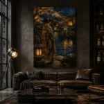 Amber & Deep Blue Pond Lantern Japanese Geisha Art Canvas Print - Image 5