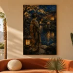 Amber & Deep Blue Pond Lantern Japanese Geisha Art Canvas Print - Image 6