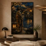 Amber & Deep Blue Pond Lantern Japanese Geisha Art Canvas Print - Image 7