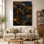 Amber & Deep Blue Pond Lantern Japanese Geisha Art Canvas Print - Image 10