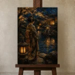 Amber & Deep Blue Pond Lantern Japanese Geisha Art Canvas Print displayed on a studio easel
