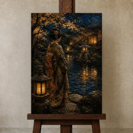 Amber & Deep Blue Pond Lantern Japanese Geisha Art Canvas Print shown in Studio Easel