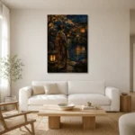 Amber & Deep Blue Pond Lantern Japanese Geisha Art Canvas Print styled in a refined neutral interior